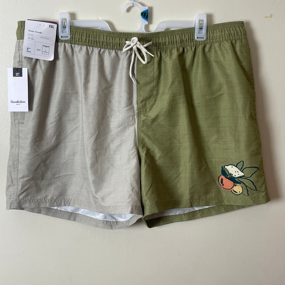 Goodfellow & Co Mens Swim Trunks Green Khaki Colorblock 5" Inseam UPF 50+ XXL